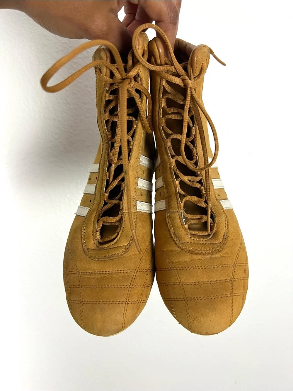adidas Prajna Tan High-Top Lace-Up Sneakers with White Stripes Boxing Style